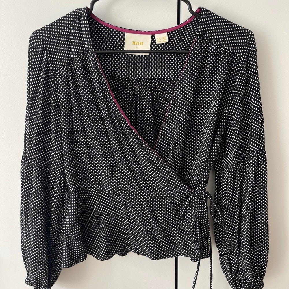 Anthropologie Black and White Polka Dot Wrap Blouse